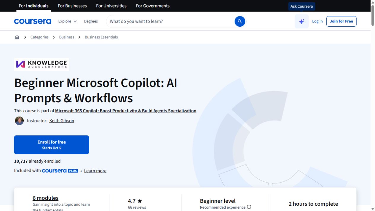 Course page preview: Beginner Microsoft Copilot: AI Prompts & Workflows