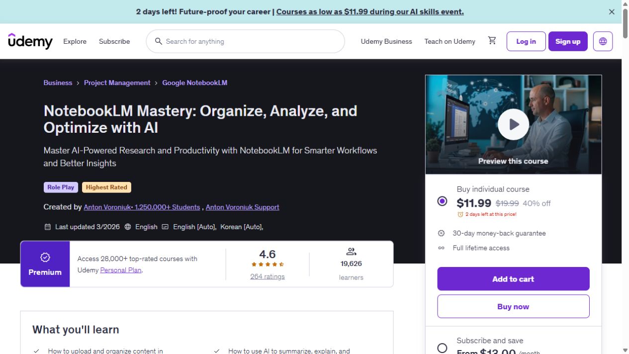 Course page preview: NotebookLM Mastery: Organize, Analyze, and Optimize with AI