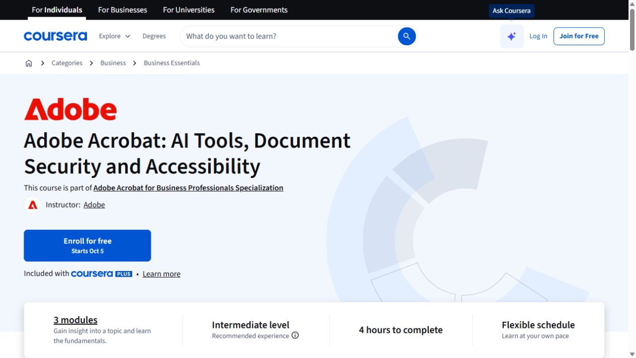 Course page preview: Adobe Acrobat: AI Tools, Document Security and Accessibility