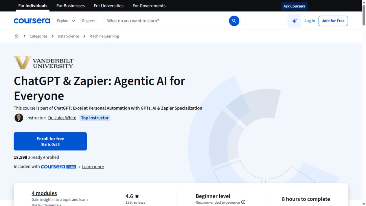 Course page preview: ChatGPT & Zapier: Agentic AI for Everyone