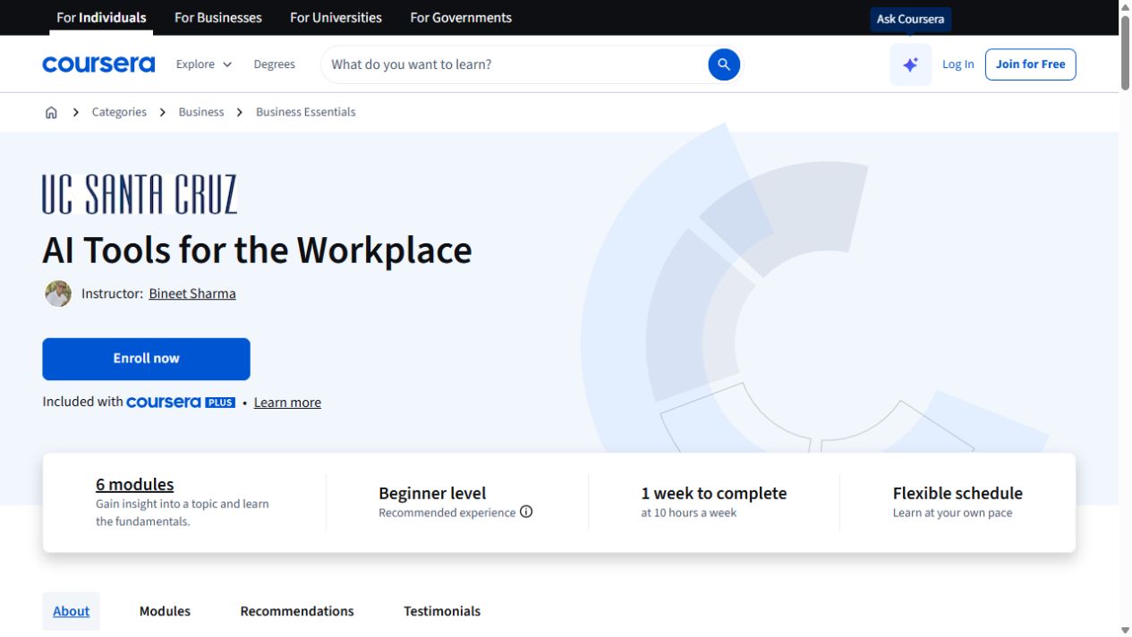 Course page preview: AI Tools for the Workplace
