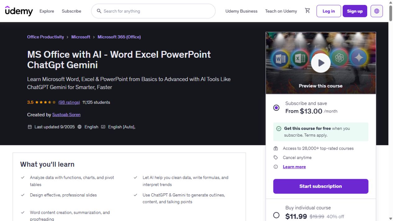 Course page preview: MS Office with AI - Word Excel PowerPoint ChatGpt Gemini